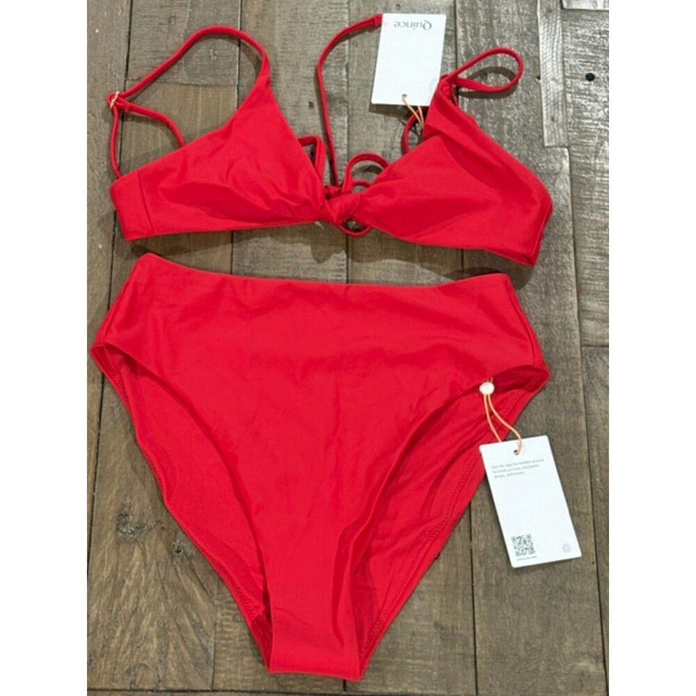 Quince Italian Knot Bikini Top With High Rise High Leg Bottoms Small Cherry
